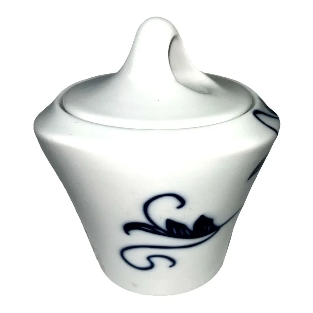 Crate & Barrel Lidded Ceramic Sugar Bowl White Blue Floral Farmhouse Decorative